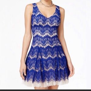 B. Darlin Lace & Tulle Cocktail Party Dress. Cobalt Blue & Nude. Zip Back